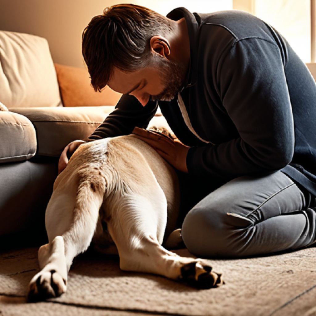 ** A heartwarming scene depicting a man comforting his grieving friend after the loss of his dog. The focus is on empathy and active listening. Setting could be a cozy living room with soft lighting.

**