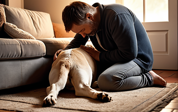 ** A heartwarming scene depicting a man comforting his grieving friend after the loss of his dog. The focus is on empathy and active listening. Setting could be a cozy living room with soft lighting.

**